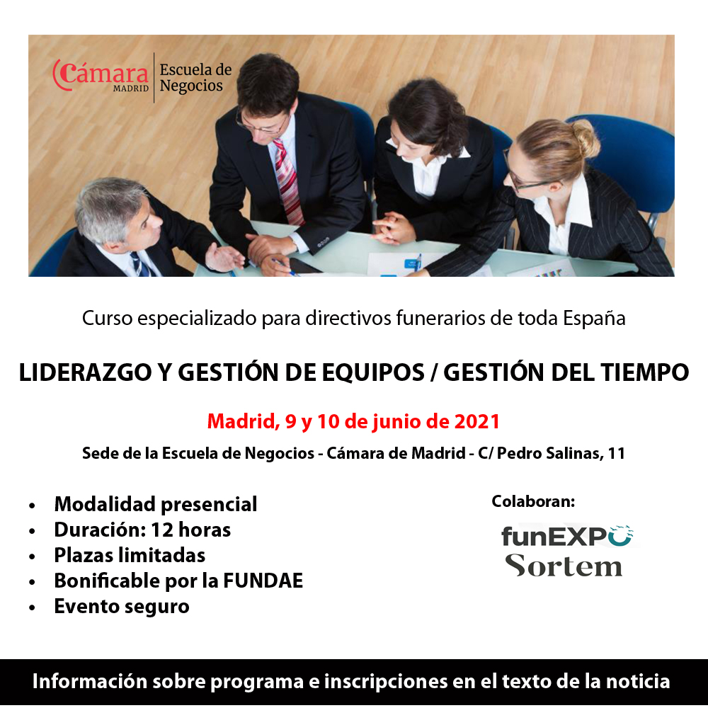 Funexpomadrid's tweet image. La Escuela de Negocios de la Cámara de Comercio, Industria y Servicios de Madrid organiza el #Curso de “#Liderazgo, Gestión de equipos y Gestión del tiempo” dirigido a #directivosfunerarios de toda España

funexpomadrid.com/FunexpoMadrid2…