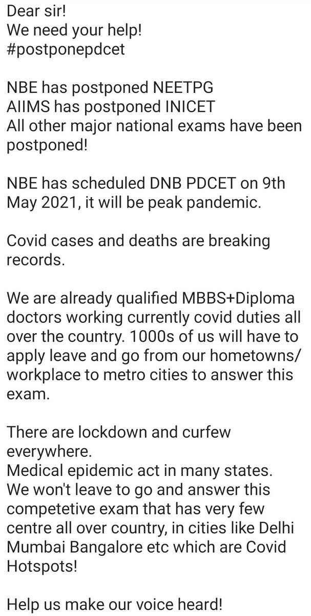 zeen_dr's tweet photo. @drharshvardhan

@MoHFW_INDIA

@profplal

@nsui

@ShashiTharoor
 Help! 
@AmitSinghMD

NeetPG &amp; INICET postponed!
Postpone DNB PDCET!

Pandemic to peak in May!
Don't conduct exam at peak pandemic!

#postponepdcet https://t.co/OFbGllgGs8