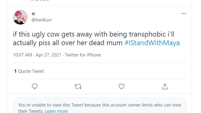 It's okay to insult a woman like this and make disgusting threats towards their deceased mother, but stating biological facts is wrong.