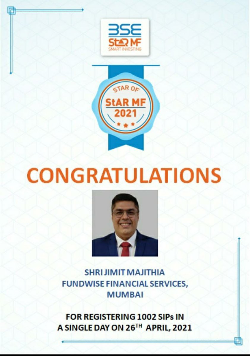 BSEStARMF's tweet photo. Kudos to Sh. Jimit Majithia from Mumbai for registering 1,002 new SIPs in a single day. @BSEIndia @ashishchauhan @fundwise_wealth @jimitrm @SameerPatil2019 @NeerajK_ @JKetan5 @KiranStARMF @ManishM_StARMF @OJASSHAH1984 @cafemutual https://t.co/z6EeuauWkk