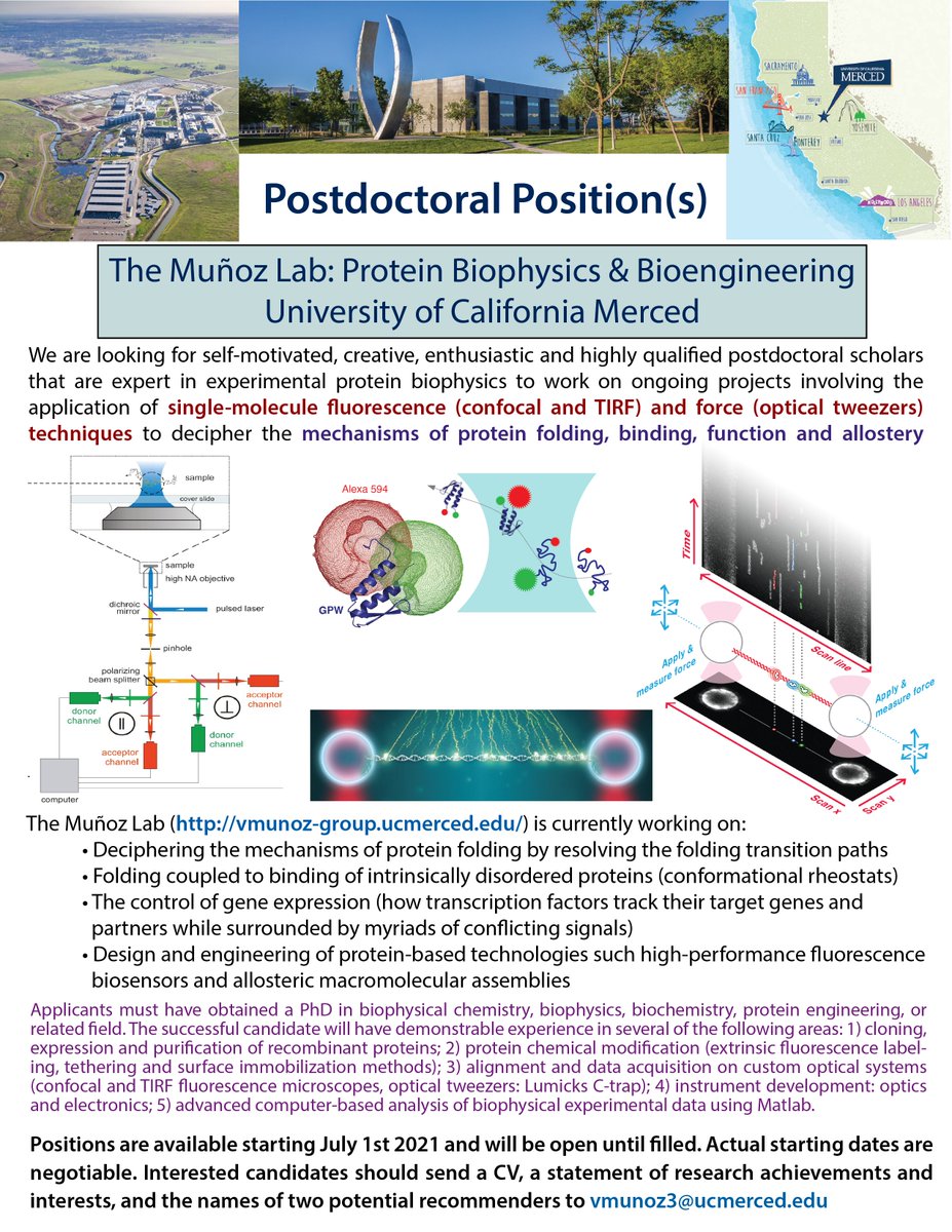 Postdoctoral positions are available in the group of Victor Muñoz (vmunoz-group.ucmerced.edu)👇starting July 2021. Areas - Protein Biophysics, Single Molecular Fluorescence/Force Techniques. Spread the word and RT! @CCBM_UCMerced @shaharsu