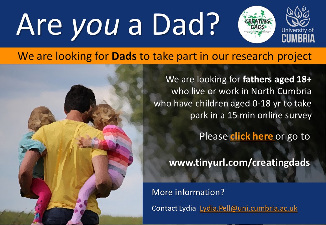 Launching today!! My research into the perspectives of North Cumbrian fathers on wellbeing & creativity. Please share if you have a moment spare. #Howareyoudad #Cumbria #fatherhood