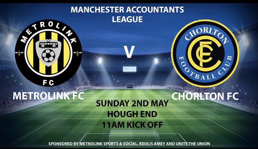 From beech road to Barlow moor the boys from <a href="/ChorltonFooty/">Chorlton FC</a> are next up for <a href="/Metrolinkfooty/">Metrolink FC</a> !

We are looking to put a stop to their invincible looking season and push from from our 19 goals in our last 2 games.

📍 hough end
⏰ 11:00am K.O
🤝 <a href="/ChorltonFooty/">Chorlton FC</a> 

<a href="/MAFL_1972/">MAFL1972</a>