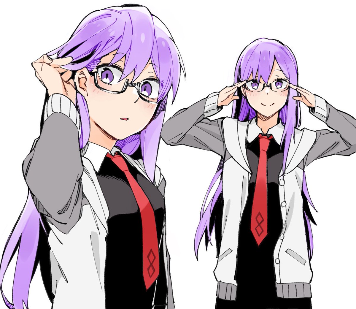 mash kyrielight 1girl glasses necktie long hair purple eyes smile looking at viewer  illustration images