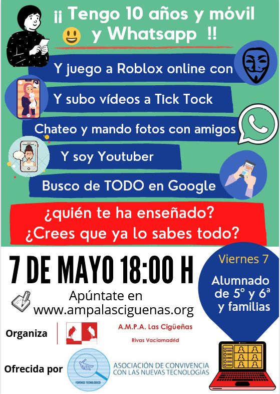 forensetec's tweet photo. ❗Tengo 10 años y móvil y Whatsapp ❗
 ✔Se invita a asistir a este evento online 💻, ofrecido por @forensetec  y organizado por @ampalasciguenas  al alumnado de 5º y 6º y sus familias. ✔
Para asistir se precisa inscripción en  🔗https://t.co/nF9f8xsSSj https://t.co/lPDI1qplFz