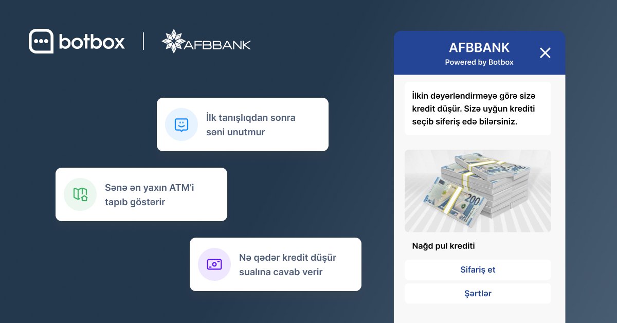 botbox_pro's tweet image. AFB BANK üçün hazırlanan veb çatbotu sizə vaxt itirmədən personallaşdırılmış məhsul sifariş etməkdə kömək edəcək. #botbox