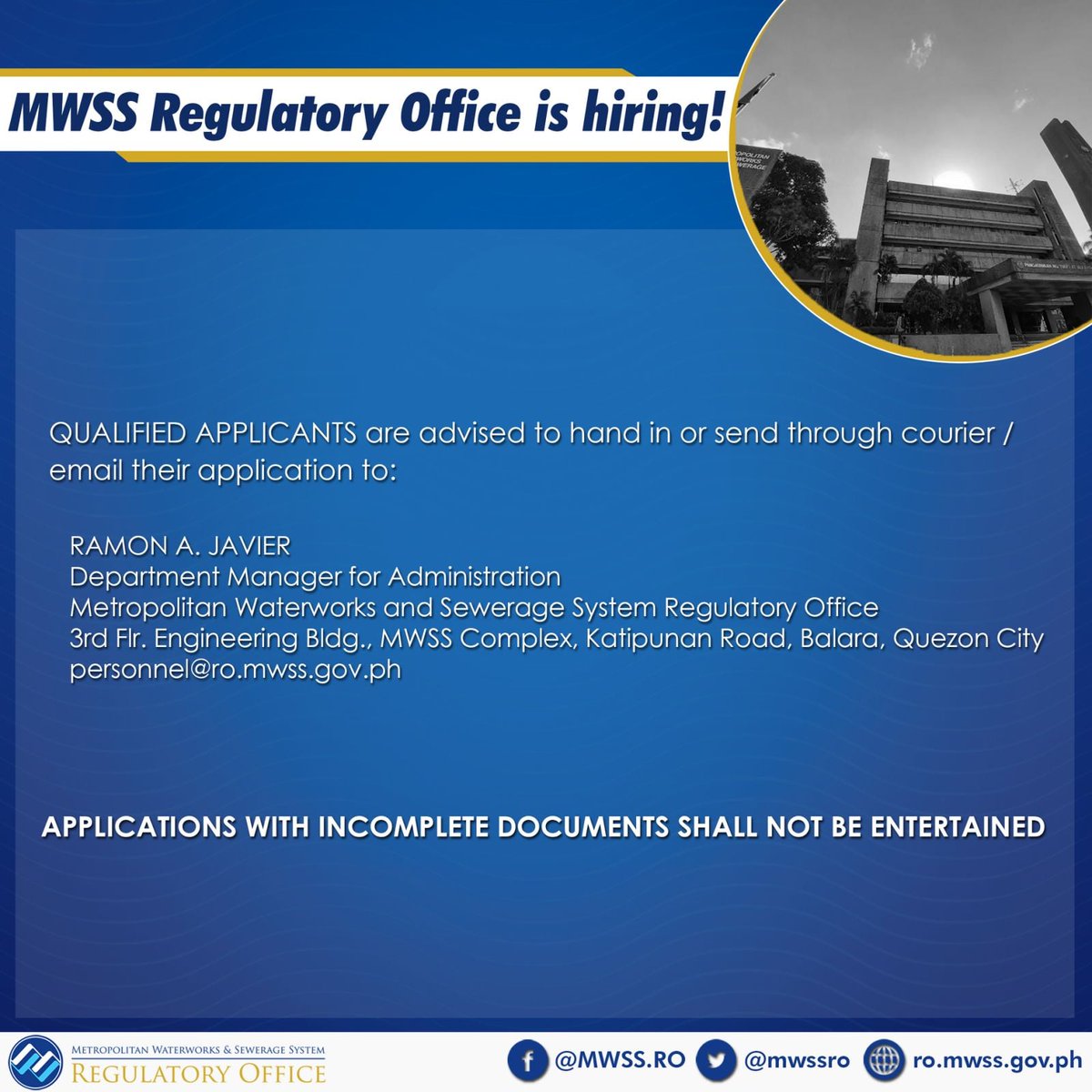 mwssro's tweet image. The MWSS Regulatory Office (RO) is hiring!

Open Positions:
Department Manager A (SG-26 Plantilla; Customer Service Regulation Area)

Application deadline: 4 May 2021