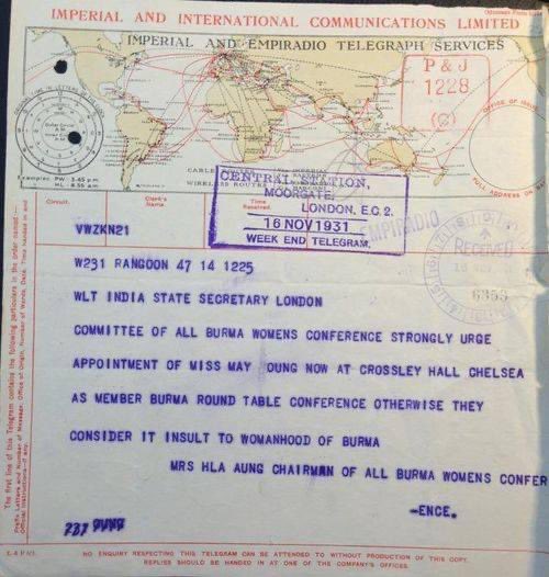 Ironically, it was the British government that didn’t want Miss May Oung to attend.A threatened boycott by the whole Burmese delegation, plus a mass rally by Burmese women in Rangoon, and this telegram convinced them otherwise. https://britishlibrary.typepad.co.uk/untoldlives/2015/08/miss-may-oung-at-the-burma-round-table-conference-1931.html #WhatsHappeninglnMyanmar