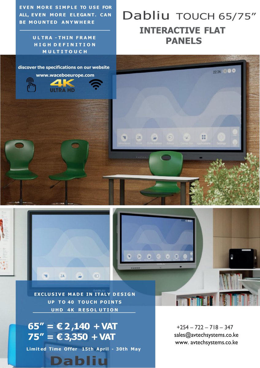 AvtechSystems's tweet image. Do not miss out on our amazing discounts on the Dabliu Touch interactive 65&quot;and 75&quot; flat panels. Contact us for any inquiries.
Azziad Fred Ngatia Green Park
#ArdhiGoesDigital  NHIF Ngong