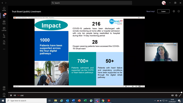 #LPTboard hears case study of how we set up virtual wards for those with long term conditions, developing new digital pathways quickly for patients. Monitoring heart failure and CPD, keeping them safe at home. Digital Rehab offer developed for home. 1000 patients supported
