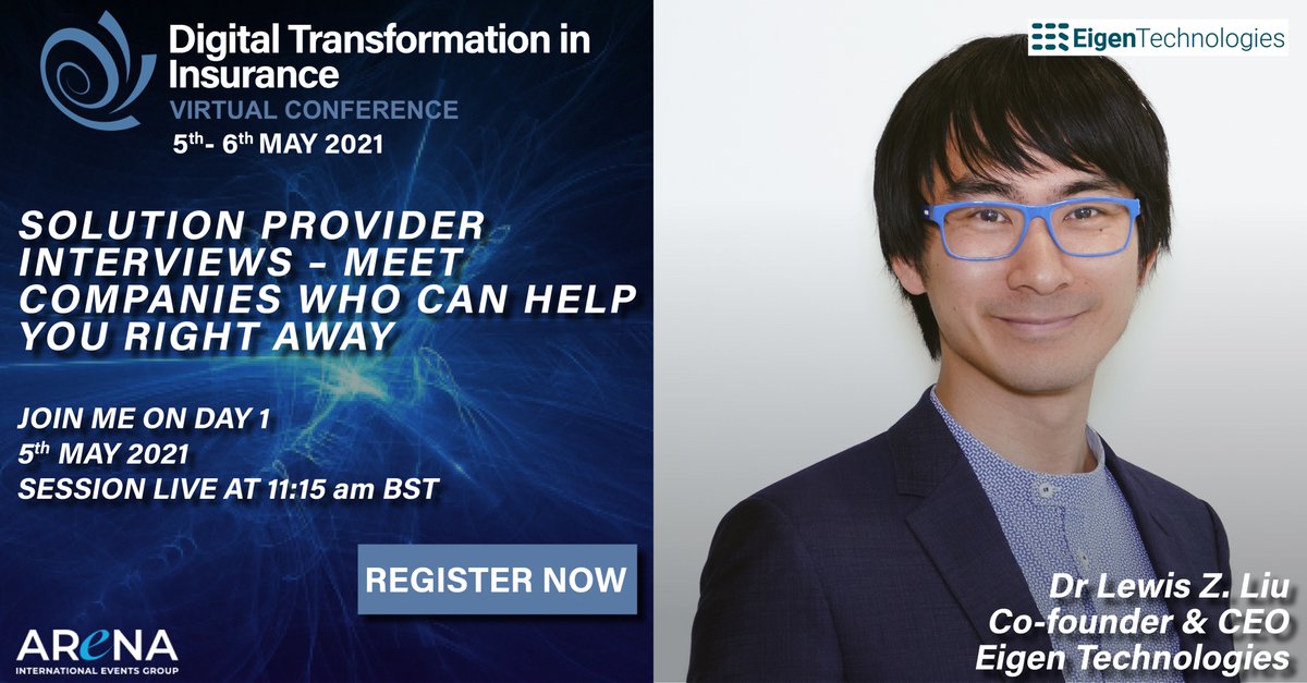 On May 5-6, we're sponsoring the @ArenaFinancial #DigitalTransformation in #Insurance Conference. Our CEO @lewiszliu is doing a fast round interview on Wed May 5 at 11.15 BST answering questions on who we are & what our solution does. Register here: bit.ly/3xjqilP.