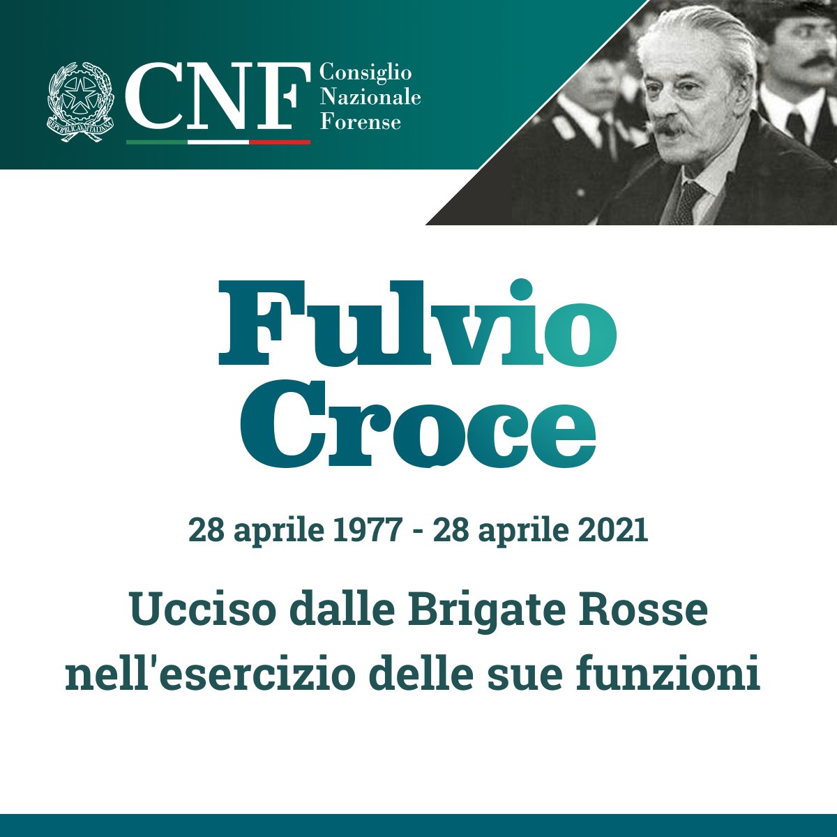 CNF_it's tweet image. Il Presidente del Consiglio dell’Ordine degli #Avvocati di Torino, #FulvioCroce, il #28aprile 1977 fu assassinato dalle BR con cinque colpi di pistola per aver deciso di svolgere il ruolo di difensore d'ufficio.