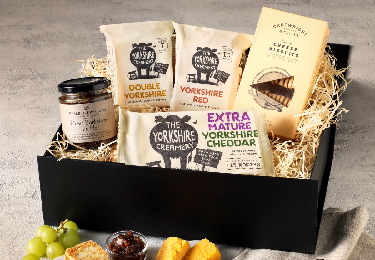 Award-winning cheese, pickle AND crackers...all from Yorkshire? Name a better gift! Our Yorkshire Creamery Hamper is just £25 and is the perfect gift for any cheese lover 🧀 *Mic Drop* 🧀 Shop here: wensleydale.co.uk/shop/hampers/