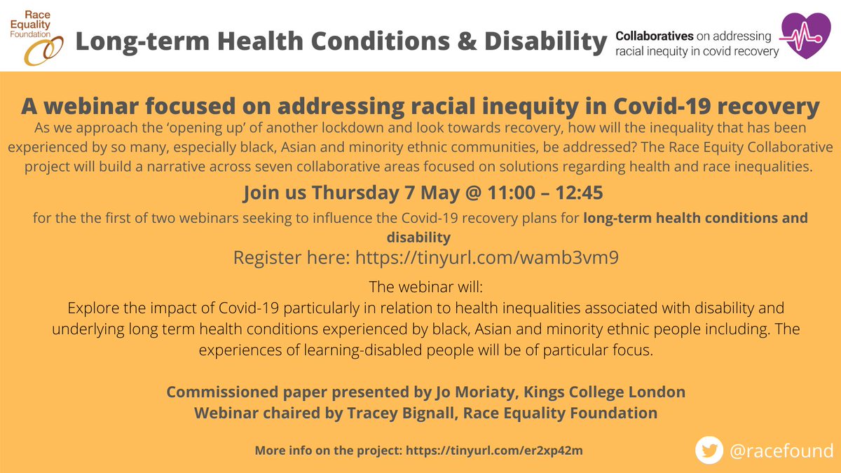 Race Equality Foundation (@raceequality) on Twitter photo Register now to explore the impact of Covid-19 in relation to health inequalities associated with disability and underlying long term health conditions experienced by BAME people <a href="/Aspirantdiva/">Jo Moriarty</a>
eventbrite.co.uk/e/long-term-he… Register now to explore the impact of Covid-19 in relation to health inequalities associated with disability and underlying long term health conditions experienced by BAME people <a href="/Aspirantdiva/">Jo Moriarty</a>
eventbrite.co.uk/e/long-term-he…