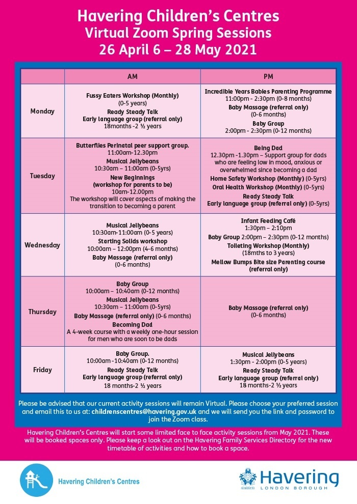 LBofHavering's tweet photo. The latest virtual timetable of activities at our children’s centres is now available. Simply choose your session and email childrenscentres@havering.gov.uk https://t.co/DOPJ0TxPUb