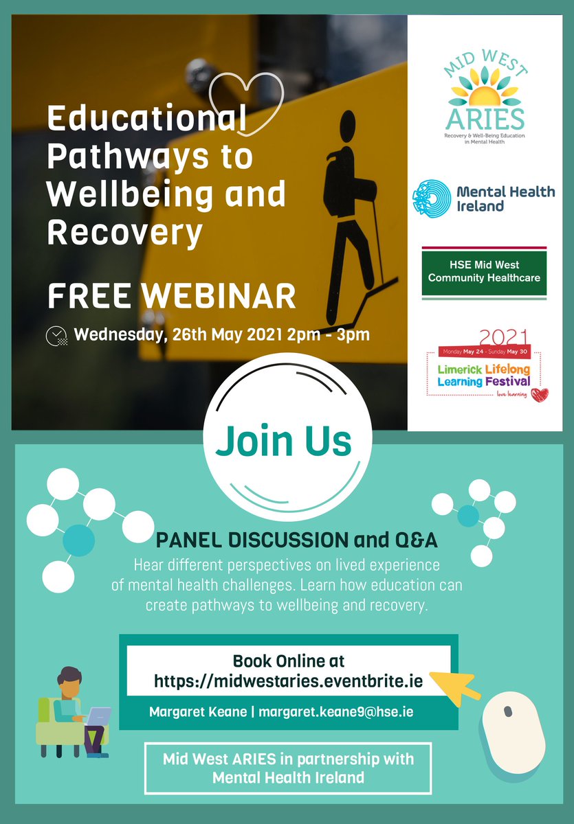 We are delighted to partner with @MentalHealthIrl for this free webinar on Wed May 26th at 2pm - “Educational Pathways to Wellbeing & Recovery”, part of @LimkLearnFest. Book now at eventbrite.ie/e/free-webinar… Send your questions for the panel to margaret.keane9@hse.ie @CommHealthMW