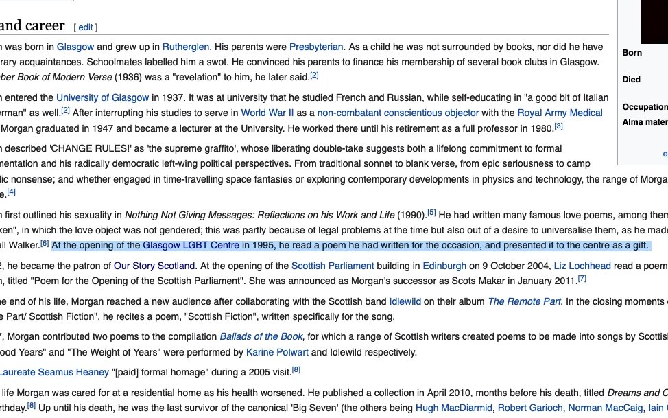 4./ His wiki entry now claims he wrote the poem for Glasgow's LGBT Centre. Of course it does! Should we change the rhythm of his poem too?"For this is where we all can meetDown by the river in Dixon Street,And the Broomielaw rolls on to the seaWith the happy cargo of GGLC."