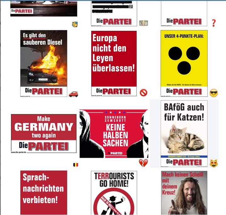 Als eine der ersten politischen Organisationen hat seit ein paar Jahren <a href="/DiePARTEI/">Die PARTEI 🪣</a> ein reichhaltiges Set auf Telegram am Start. 

Insgesamt 27 Sticker sind aktuell verfügar. 
Urheberin ist die Partei nach meiner Info selber.  
Add Stickers 👉 t.me/addstickers/Di…