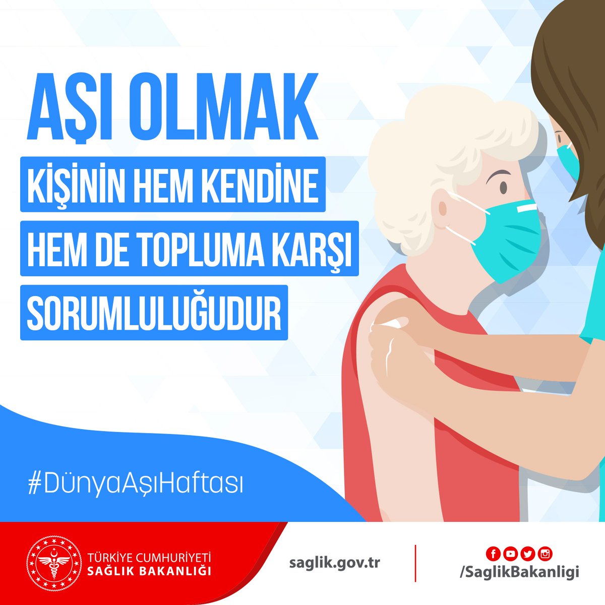 saglikbakanligi's tweet photo. Aşı olmak, kişinin hem kendine hem de topluma karşı sorumluluğudur. COVID-19 aşısı randevunuza gitmeyi ihmal etmeyin.
#DünyaAşıHaftası
#COVID19Aşısı https://t.co/RR5uW20dBk