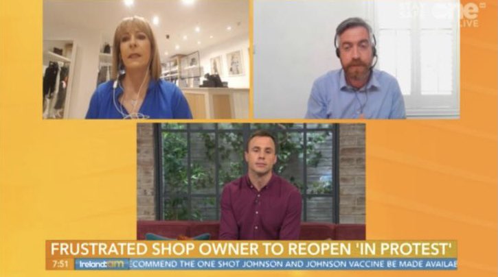Discussing retail today with <a href="/TommyBowe/">Tommy Bowe</a> and Caroline McCarthy on <a href="/IrelandAMVMTV/">Ireland AM</a>. 
Whilst collective compliance is what we need as opposed to following those who are flouting the rules, we equally must clamp down a minority of big retail who are selling non-essential items.