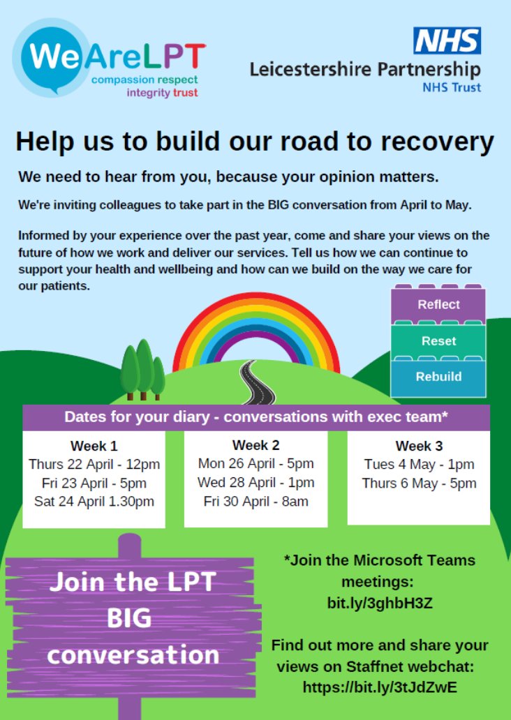 #LPTboard reviews our progress and highlights against our Step up to Great organisational strategy over the last year, despite the pandemic. See the presentation here: leicspart.nhs.uk/wp-content/upl…. We have begun a BIG conversation with staff to reflect, reset and rebuild our future