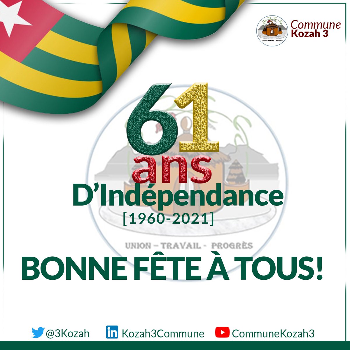 La commune de kozah3 souhaite une bonne fête d'Indépendance à tous les Togolais du monde entier. 
 ,<a href="/Kozah2Mairie/">Mairie Kozah2</a> ,<a href="/nkpedjikoffivi/">NKPEDJI Koffivi</a> ,<a href="/SamiPissiyou/">PISSIYOU Sami Essokudjowu</a> ,<a href="/DogbeVictoire/">Victoire Dogbe</a> ,<a href="/FEGnassingbe/">Faure Essozimna GNASSINGBÉ</a> ,<a href="/kmnatchaba/">Kanka-Malik Natchaba</a> ,<a href="/MazamessoA/">Mazamesso ASSIH 🇹🇬</a> ,<a href="/TchalaMeheza/">TCHALA Mèhèza</a> ,<a href="/AgbaDosseh/">Agba dosseh Messanvi</a> ,<a href="/DossouMyriam/">Myriam Dossou-d'Almeida 🇹🇬</a> ,@GerardHilim ,<a href="/maxkomtg/">Komlan Marius Maxime MINASSEH</a>,<a href="/3Kozah/">Kozah 3</a>