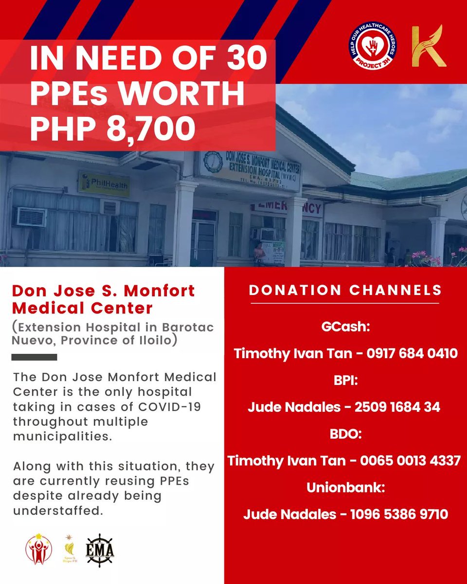 UAPKASANGGA's tweet photo. 📢CALL FOR DONATIONS‼
Help us reach our goal of Php 8,700 to provide 30 PPEs to the healthcare heroes of Don Jose Monfort Medical Center!

The Don Jose Monfort Medical Center is the only hospital taking in cases of COVID-19 throughout multiple municipalities. https://t.co/kZaFaKRrc0