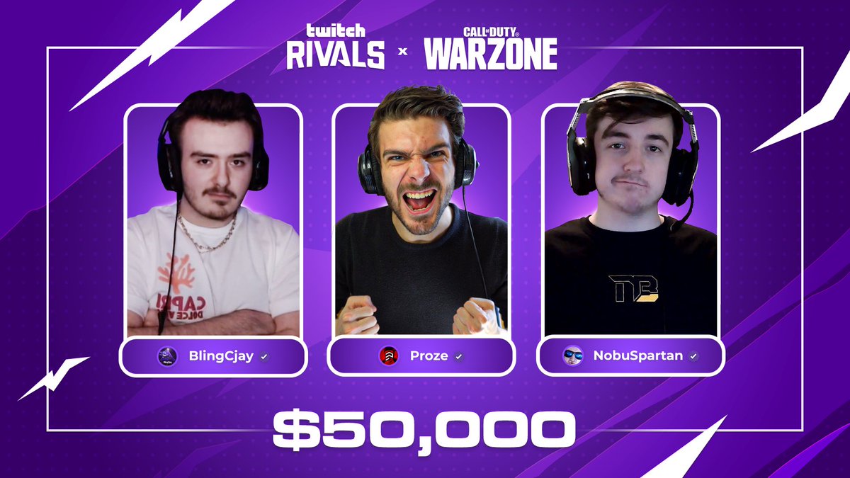 [Twitch Rivals] - Warzone Trio NA $50,000
w/ <a href="/BlingCJay/">BlingCjay</a> et <a href="/simplyproze/">Proze</a>

🕓  16H EST - 22H EU
Soyez présent! 😉 
twitch.tv/NobuSpartan