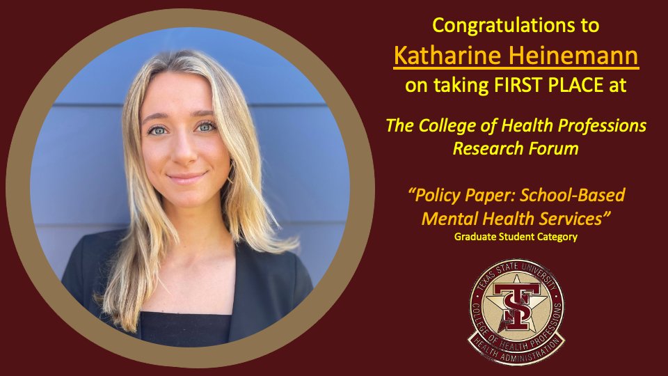 Congratulations to Katharine Heinemann for her first place win at the CHP Research Forum.  AWESOME work by another MHA student!  #txst #txstsoha
