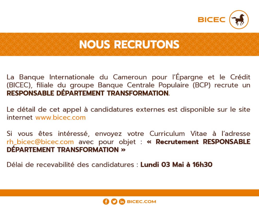BICEC_SA's tweet photo. [OFFRE D'EMPLOI]

La #BICEC recrute:

Un Responsable Département Transformation

Cette offre est également consultable sur notre site web : https://t.co/03et07anE3

Rejoignez notre équipe !

#GrandirEnsemble
#BICEC https://t.co/BxSXw0tmTK