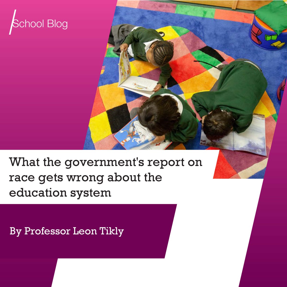 New blog post:
What the government’s report on race gets wrong about the education system
Professor Leon Tikly of the <a href="/SOEBristol/">School of Education | University of Bristol</a> unpicks the UK government’s recent report on race, drawn up by the Commission on Ethnic and Racial Disparities.

ow.ly/bHBT50EyBpY
#antiracism