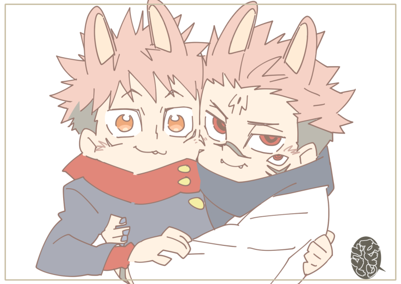 itadori yuuji ,ryoumen sukuna (jujutsu kaisen) male focus multiple boys 2boys animal ears pink hair kemonomimi mode undercut  illustration images