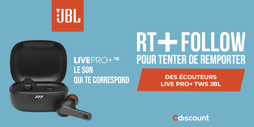 Cdiscount's tweet photo. 🎁 #Concours 

Tentez de remporter une paire de JBL Live Pro+ !
➡ https://t.co/lOWLdl7fUp 

Pour tenter ta chance :
🔶 RT + Follow @Cdiscount

🍀 TAS le 03/05 https://t.co/xjVppdJeeo