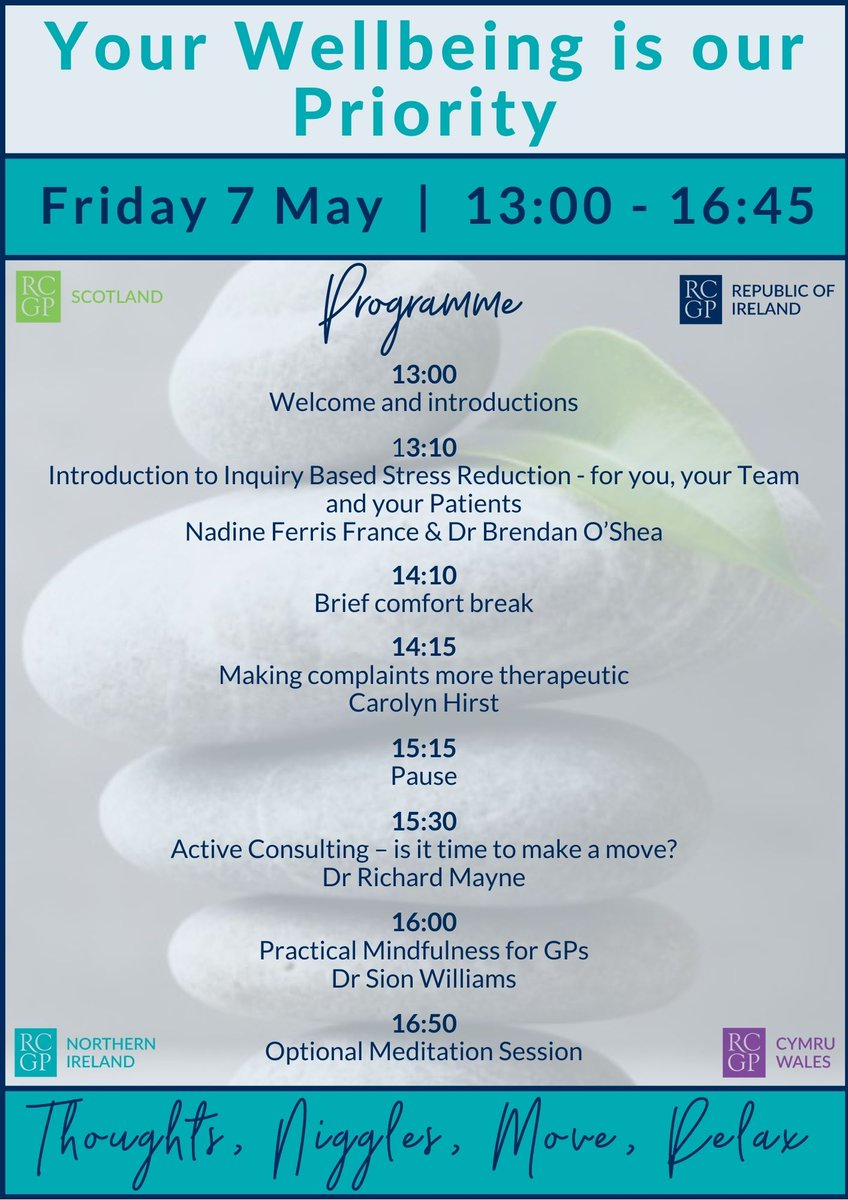 GPs are invited to attend this fantastic Wellbeing Event being held next Friday.

The event is free to attend and will help attendees with practicing the art of mindfulness, stress reduction and meditation.

Sign up here:  bit.ly/Wellbeing21

#StressAwarenessMonth