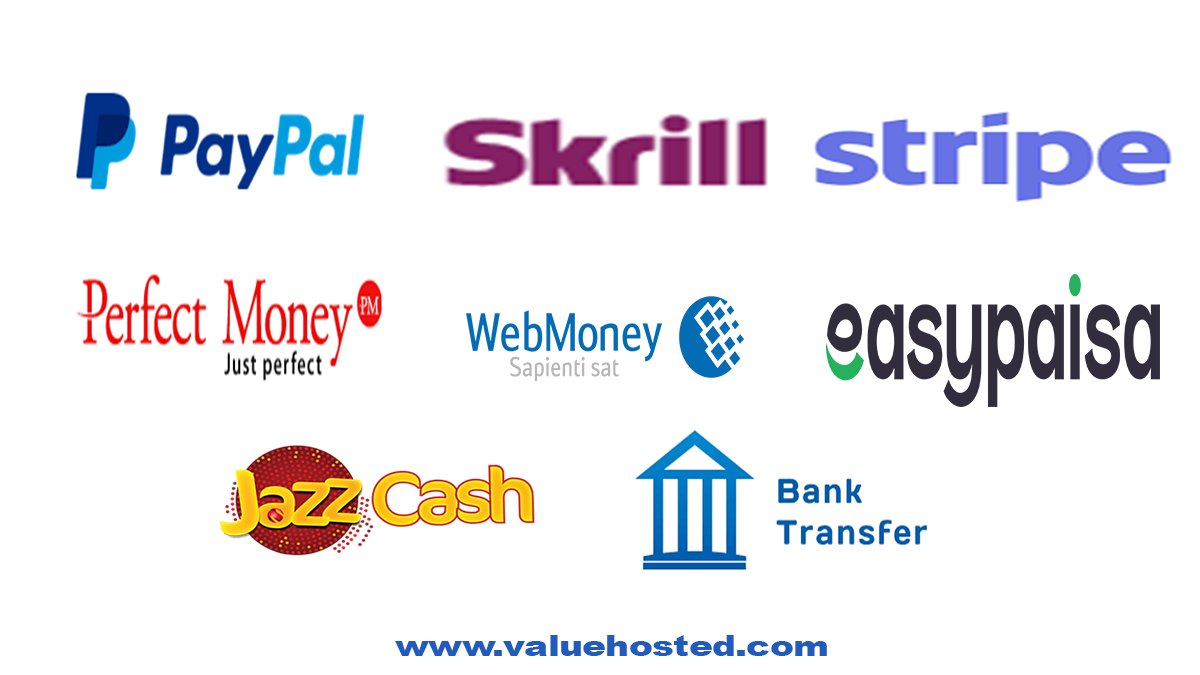 Valuehosted's tweet image. We have a solution for it…. Not one but many solutions!
Introducing hassle-free payment methods for customers that require no complex registration.
#Hosting #PayPal #Skrill #stripe #creditcard #Easypaisa #JazzCash #Webmoney #PerfectMoney #BankTransfer