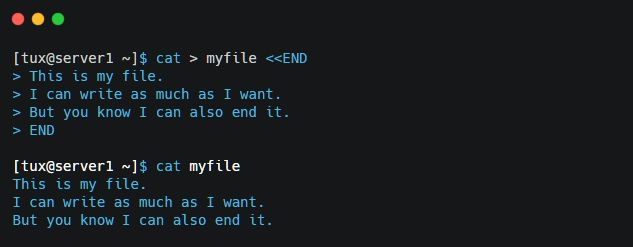 kumarcreates's tweet photo. #100DaysOfLinux: "Here Document" is a way to create a file by sending inputs from the command line in #Linux. The syntax is: $ cat > myfile <<END

The "END" in this context works as a terminator. So remember to end a document by typing "END". #ubuntu #girlswhocode #LinuxLearner https://t.co/r7D3OCdDaf