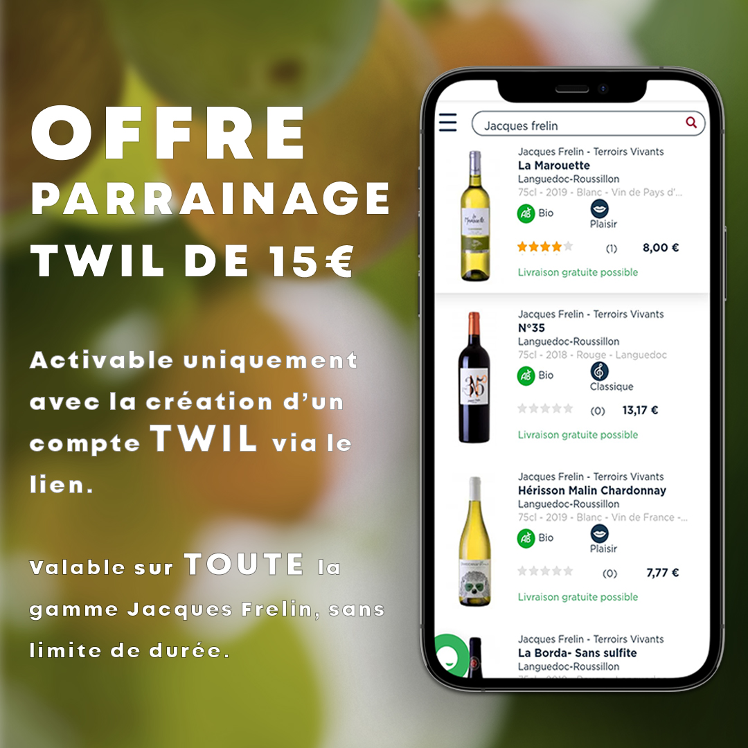 ✨ Offre PARRAINAGE TWIL ✨

Avec notre partenaire <a href="/TheWineILove/">TWIL</a> , nous vous offrons une réduction de 15€ sur toute notre gamme. 

  ➡️ offre activable uniquement via ce lien : twil.fr/customer/accou…
  ➡️ Vous recevez directement 15€ sur votre cagnotte fidélité.
