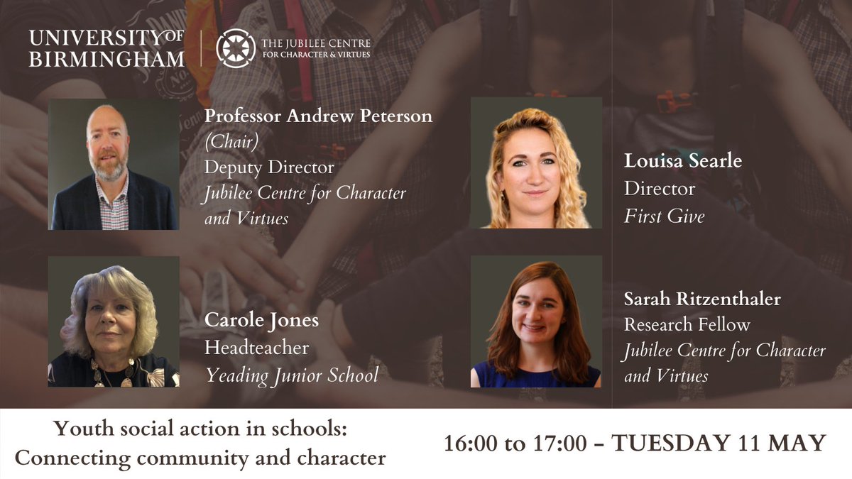 JubileeCentre1's tweet image. We are delighted that @LouisaFirstGive, Carole Jones, and @s_ritzenthaler will join @apetersoned for our upcoming webinar on youth social action, sharing their experience and advice for how best to connect #schools &amp;amp; their #communities.

#Charactermatters

eventbrite.co.uk/e/youth-social…