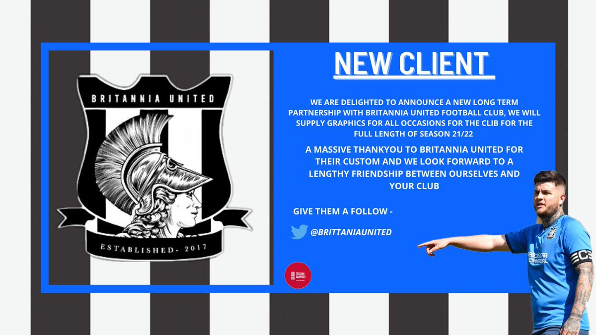 🚨 NEW SPONSOR 🚨

Britannia United are happy to announce a new partnership between ourselves and <a href="/FeechanGraphic/">Feechan Graphics & Media</a> which will start this season and hopefully grow with the seasons to come!

Highly recommend these guys, give them a follow and get in touch!

👉🏼 <a href="/FeechanGraphic/">Feechan Graphics & Media</a>