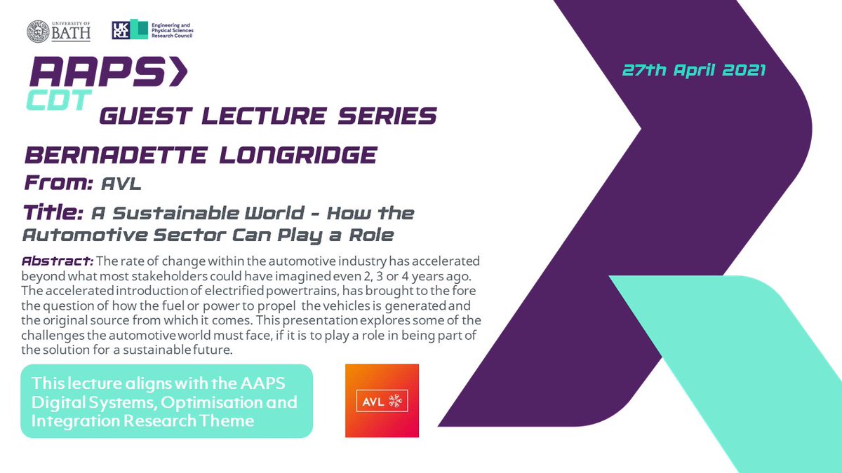 AapsCdt's tweet photo. We are looking forward to hearing from Bernadette Longridge from @AVL_List as part of our #AAPSCDT #GuestLectureSeries this afternoon with a talk and discussion on 'A Sustainable World - How the Automotive Sector Can Play a Role'

#automotive #Sustainability #climatechange https://t.co/GpJYs8hfC2