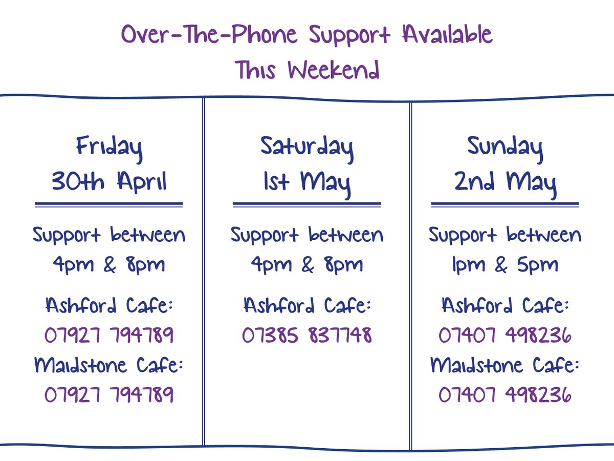 Our out-of-hours Café services continue to be operational this weekend - providing you with an opportunity to access a little bit of additional service.

This support is in place to provide a listening ear to anyone who feels as though a chat would be beneficial.

#KentTogether