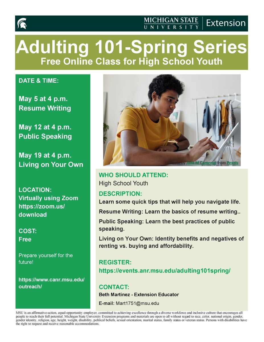 Students and parents, check out this opportunity from MSU's Extension Program. The series is free to students, and students can register for one or all of the classes.