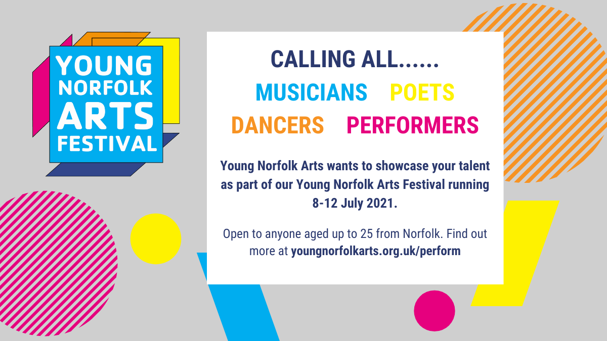 📣Calling all performers! We want to showcase your talent as part of #YNAF21 this July.

Open to musicians, bands, dancers, poets, or any types of performers aged up to 25 years and based in (or with links to) #Norfolk.

Deadline is 23 May. Find out more: youngnorfolkarts.org.uk/news/perform-a…