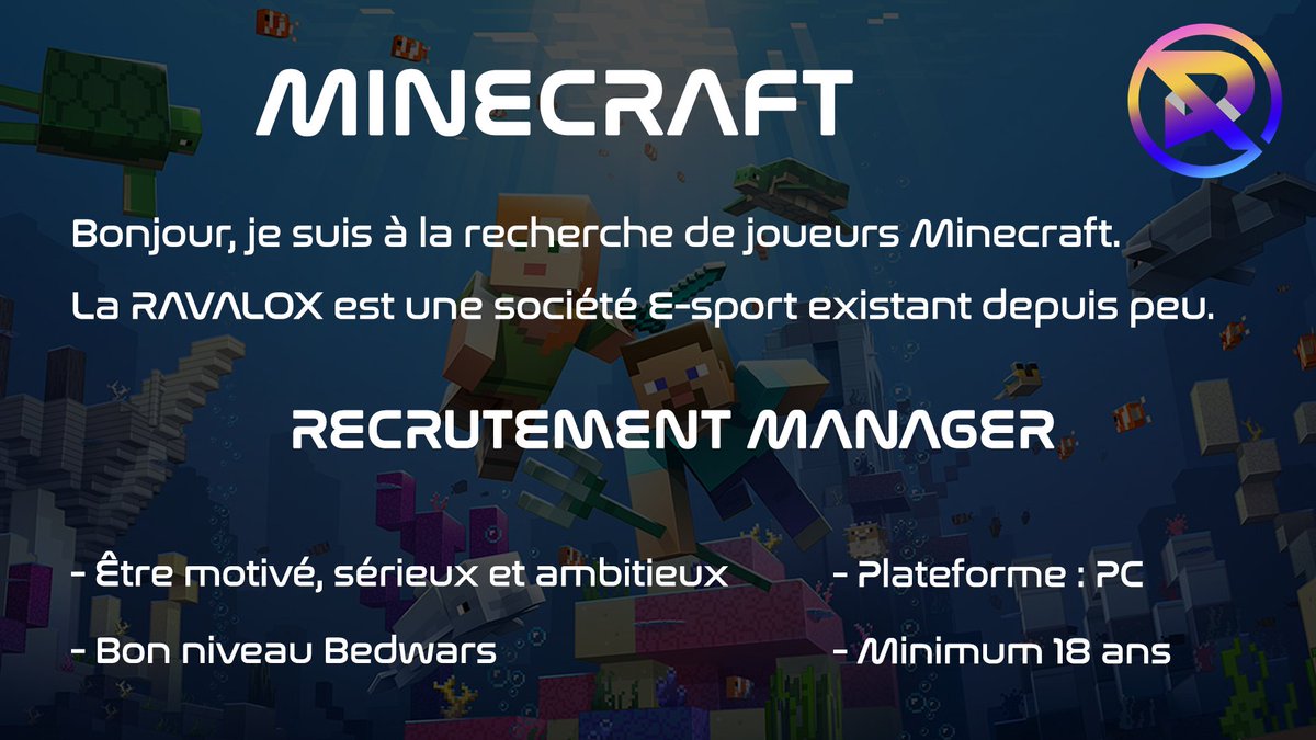 💥 RECRUTEMENT 💥

La Ravalox est toujours en recrutement ! Cette fois-ci, sur le jeu #Minecraft Bedwars ! 

➡️ Les conditions se trouvent sur l'affiches, jettes-y un coup d'œil !

💬 Contactes-nous si le postes t'intéresse !

⭕ #Recrutement #joueurs <a href="/Cherche_1Groupe/">Cherche 1 Groupe</a> <a href="/RT4French/">FrenchRT</a>