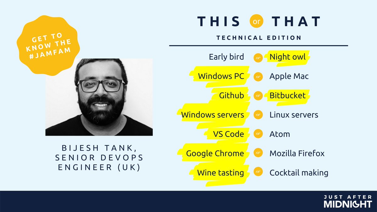 JAM_24_7's tweet image. In the last of our series featuring the new starters at JAM, we're introducing Bijesh, our new Senior DevOps Engineer in the UK. See what he answered to our quickfire technical questions 🔥
#github #bitbucket #windowsvslinux #vscode #atom #DevOps #developer #DEVCommunity