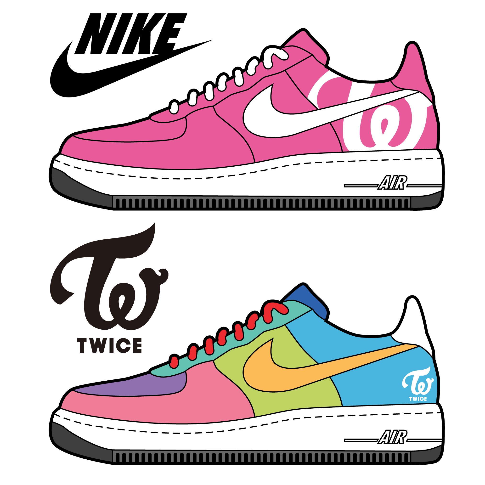 シンペイ 100日間nikeのスニーカーデザインを考えるシリーズ10日目 Twiceとnikeのairforce1のコラボデザインです 100日間nikeのスニーカーデザインを考える 勝手にコラボシリーズ イラスト Twice Nike T Co G2puee7q5d Twitter