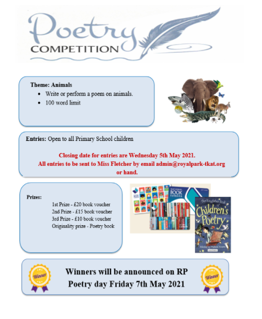 NRoyalpark's tweet photo. 🖊️Royal Park Poetry competition 2021 🖊️
Theme: Animals
The deadline for entries will be Wednesday 5th May 2021
#poetry #RPprimarySchool #creativewriting https://t.co/oEN9C8WKeM https://t.co/Z0ukdyYEbk