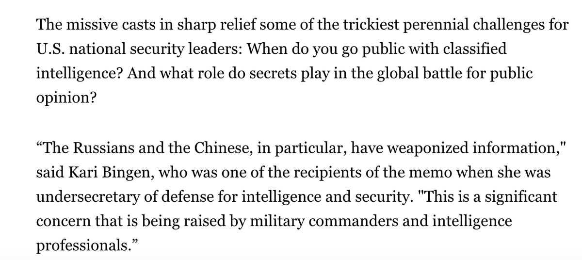 This is the crux for the intelligence community - they must decide what the value is of a secret truth protected by the USIC when our enemies use lies as a weapon.Divulging secrets has a definite cost. Failing to fight false narratives has a fatal cost.