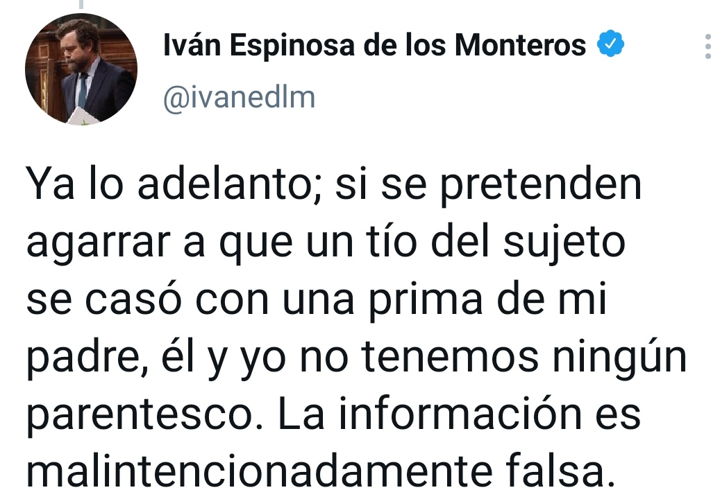 ⛔ BULO de @publico_es y @PabloEchenique. 'El autor de la carta con la navaja a la ministra Maroto está emparentado con el diputado de Vox Espinosa de los Monteros'. ❌ FALSO: No tienen parentesco. El tío del autor de las amenazas se casó con una prima del padre de Iván.