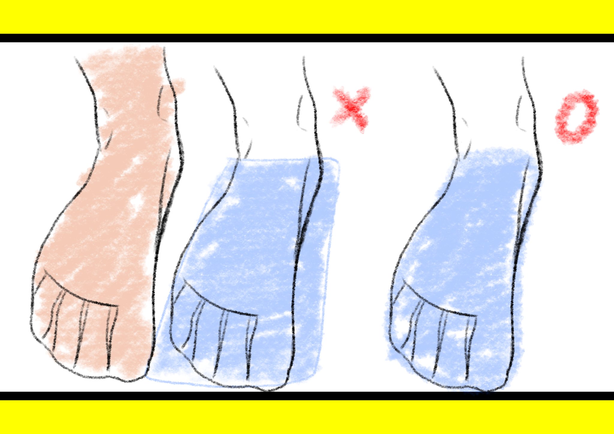かんたんイラストのイエローヤギ 足の描き方のワンポイント 足が地面についてないように 感じる原因や 形がゆがむ原因は 個人的には 下画像のように 接地面のアタリが四角で大き すぎるとなりやすいです なので 初めは大きくとって 必ず足の形にアタリを